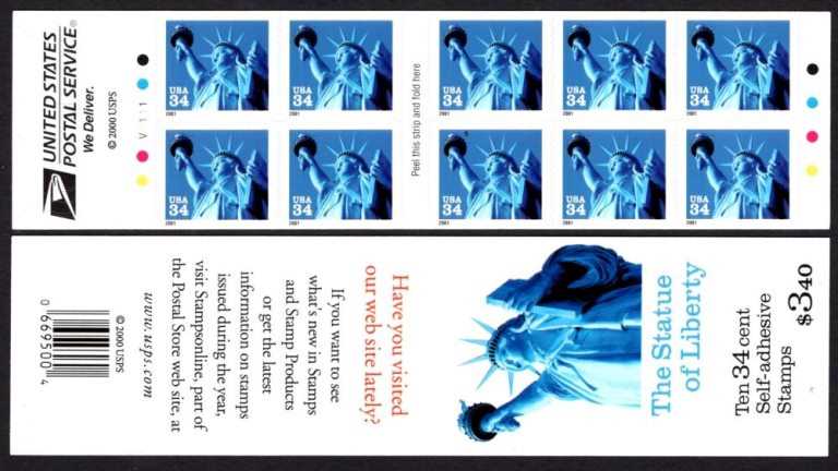 Scott 3485a one sided Pane of 10 Statue of Liberty stamp is horizontal (34 cents)