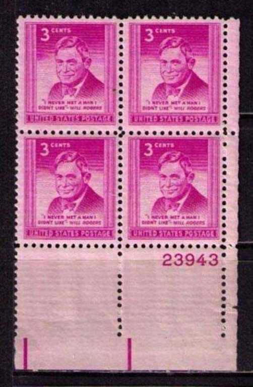 Scott 0975 Plate Block of 4 MNH Will Rogers (3 cents)