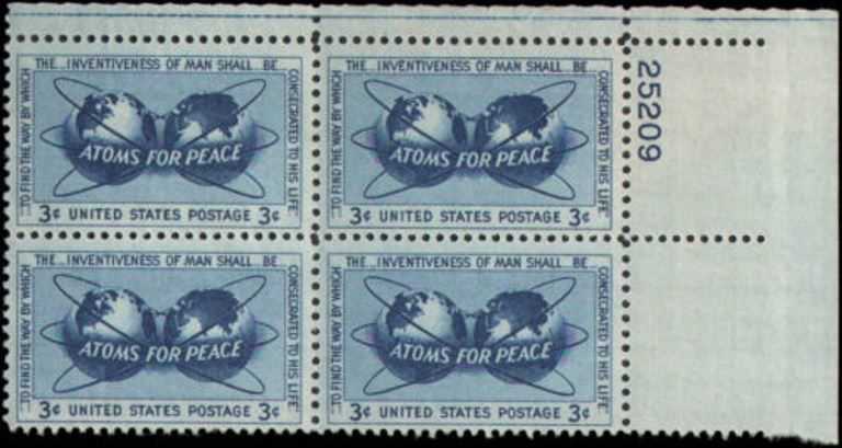 Scott 1070 Plate Block of 4 MNH Atoms for Peace (3 cents)