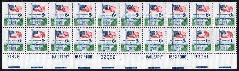 Scott 1338D Plate Block of 20 Huck Press Flag and White House (6 cents)