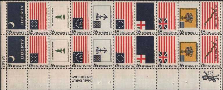 Scott 1345-1354 Plate Block of 20 Historic American Flags (6 cents)
