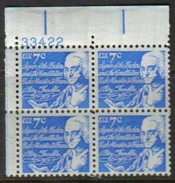 Scott 1393D Plate Block of 4 Benjamin Franklin (7 cents)