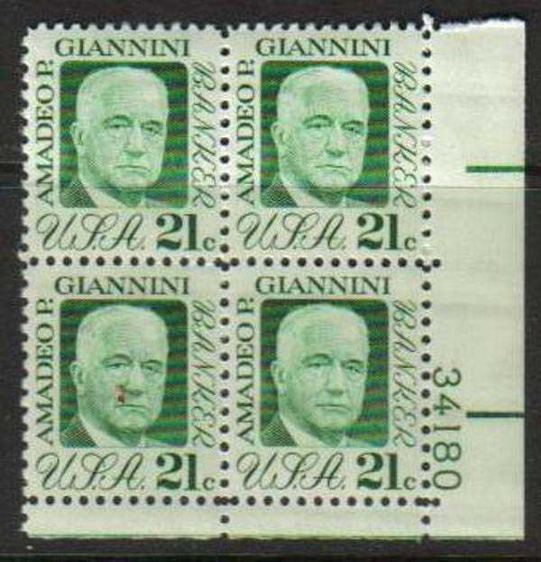 Scott 1400 Plate Block of 4 MNH Amadeo Giannini (21 cents)