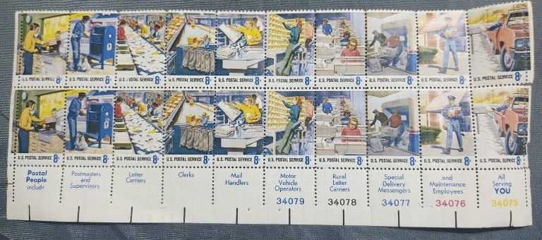 Scott 1489-1498 Plate Block of 20 MNH Postal Service Employees (8 cents)