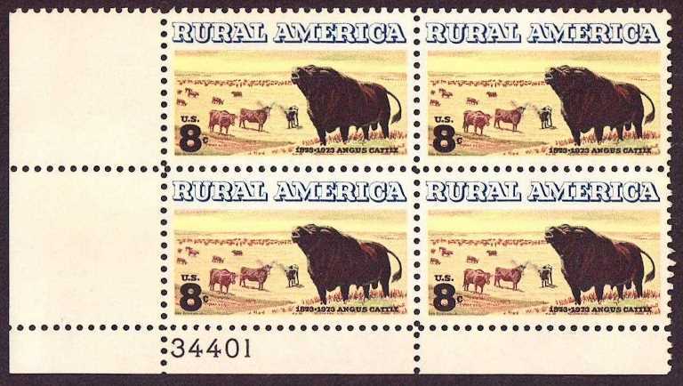 Scott 1504 Plate Block of 4 MNH Angus Cattle (8 cents)