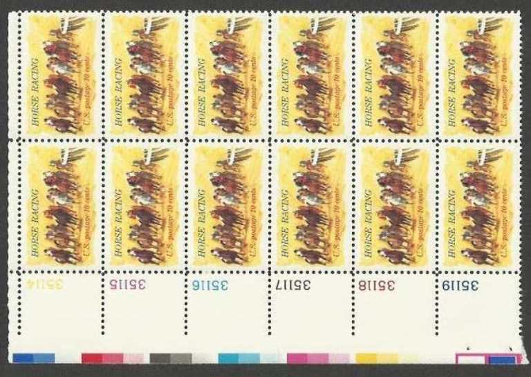 Scott 1528 Plate Block of 12 MNH Horse Racing (10 cents)