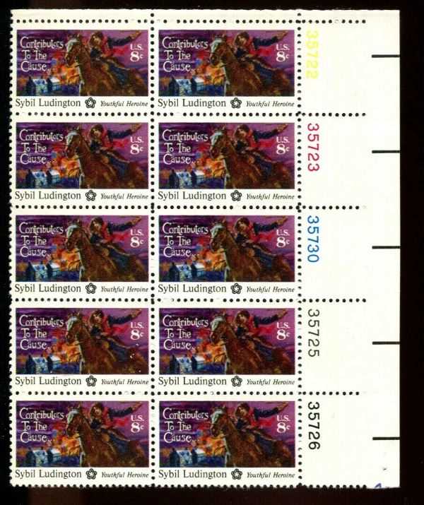 Scott 1559 Plate Block of 10 MNH Sybil Ludington (10 cents)