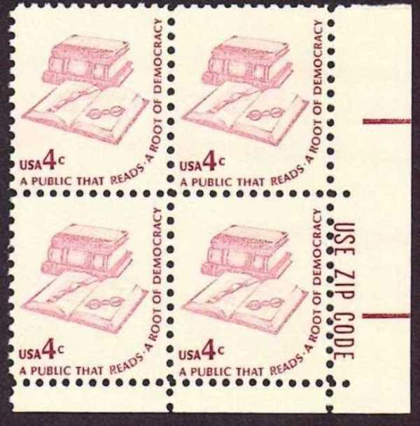 Scott 1585 Plate Block of 4 MNH Books & Eyeglasses (4 cents)