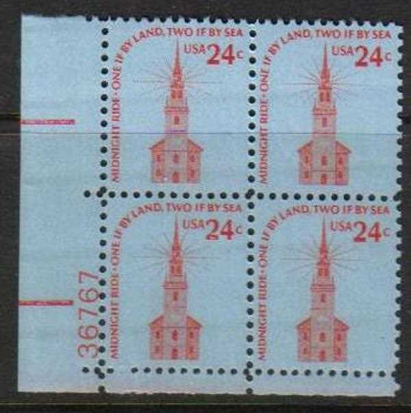 Scott 1603 Plate Block of 4 MNH Old North Church (24 cents)