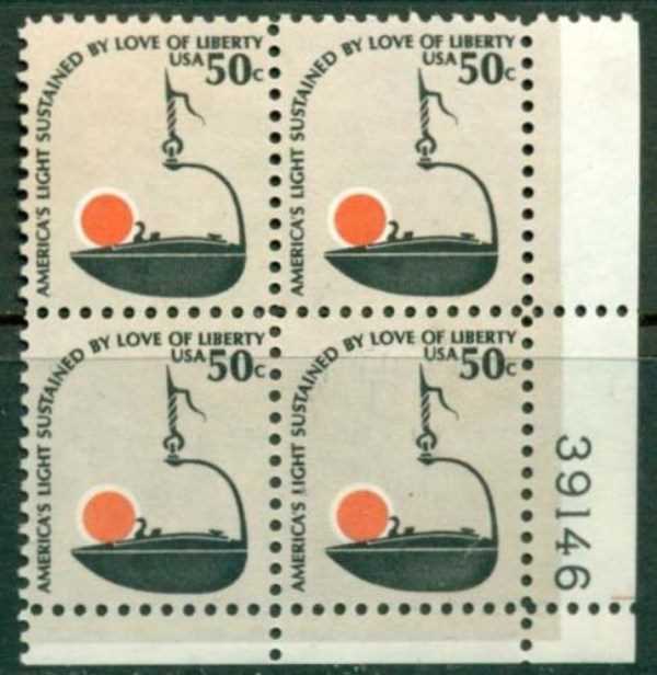 Scott 1608 Plate Block of 4 MNH "Betty" Lamp (50 cents)