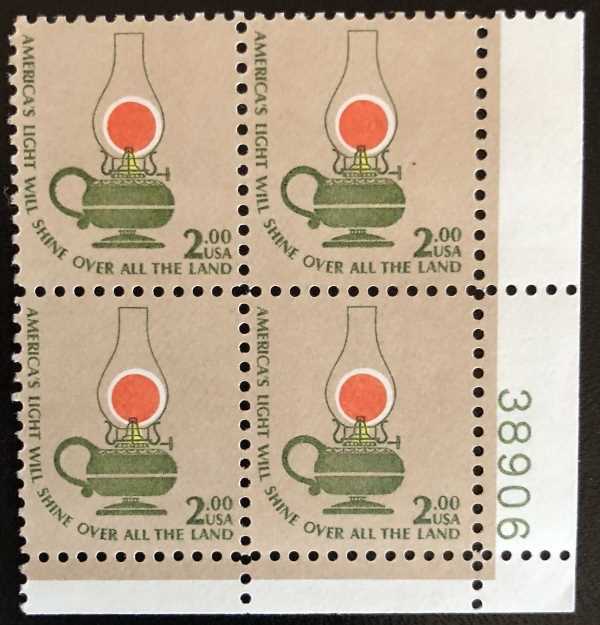 Scott 1611 Plate Block of 4 MNH Kerosene Lamp ($2.00)
