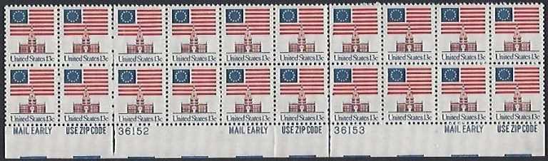 Scott 1622 Plate Block of 20 MNH (13 Cents) Huck Press <p><font color=red> Plate numbers are at top or bottom of pane with "Mail Early" and "Use Zip Code" slogans.</font>