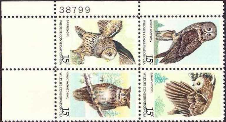 Scott 1760-1763 Plate Block of 4 MNH Owls (15 cents)