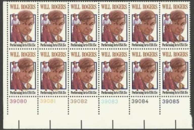 Scott 1801 Plate Block of 12 MNH Will Rogers (15 cents)