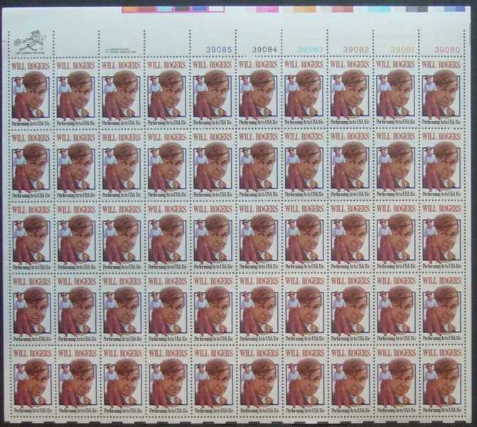 Scott 1801 Sheet of 50 MNH Will Rogers (15 cents)