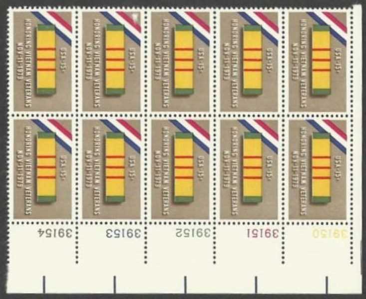Scott 1802 Plate Block of 10 MNH Vietnam Veterans (15 cents)