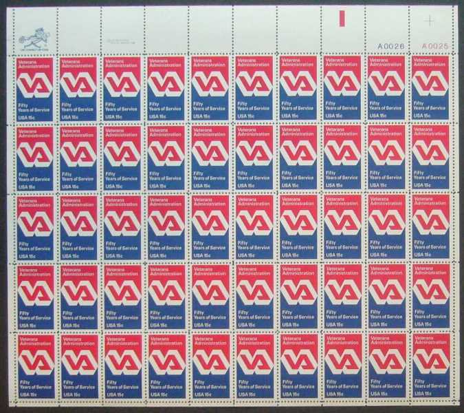 Scott 1825 Sheet of 50 MNH Veterans Administration (15 cents)