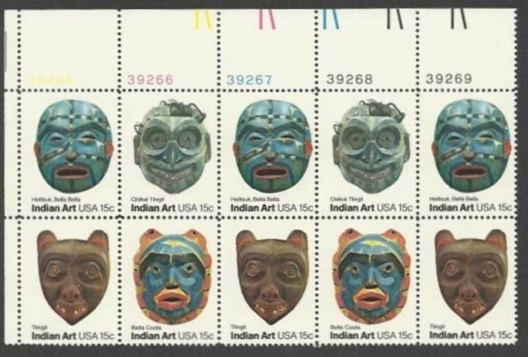 Scott 1834-1837 Plate Block of 10 MNH Indian Masks (15 cents)