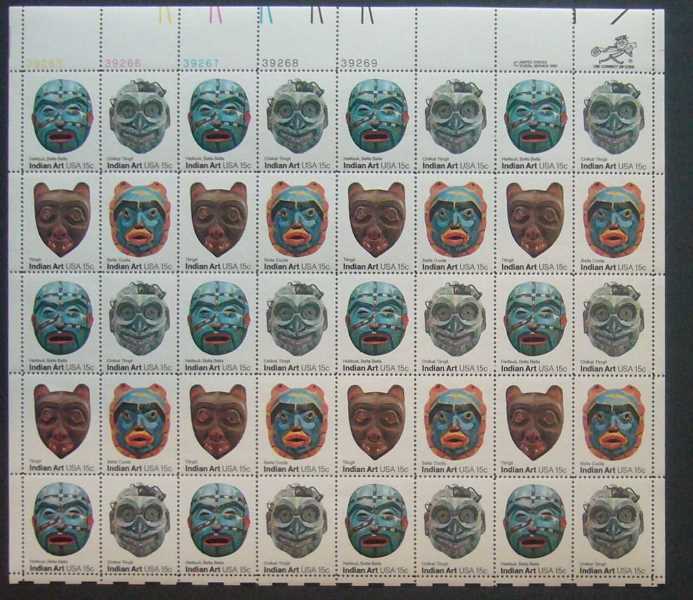 Scott 1834-1837 Sheet of 40 MNH Indian Masks (15 cents)