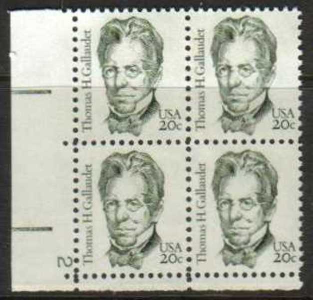 Scott 1861 Plate Block of 4 MNH Thomas H. Gallaudet (20 cents)