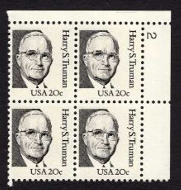 Scott 1862a Plate Block of 4 MNH Harry S. Truman (20 cents)