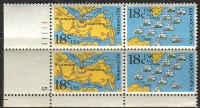 Scott 1937-1938 Plate Block of 4 MNH Battle of Yorktown (18 cents)