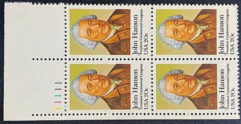 Scott 1941 Plate Block of 4 MNH John Hanson (20 cents)