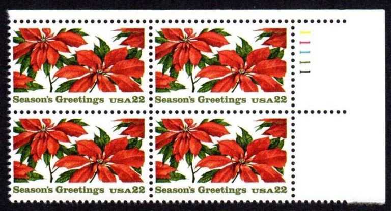 Scott 2166 Plate Block of 4 MNH Christmas Poinsettia (22 cents)