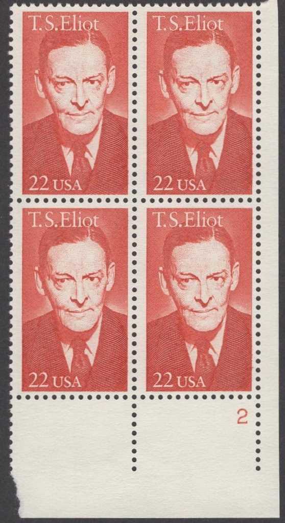 Scott 2239 Plate Block of 4 MNH T. S. Eliot (22 cents)