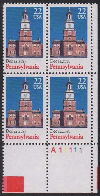 Scott 2337 Plate Block of 4 MNH Pennsylvania Statehood (22 cents)