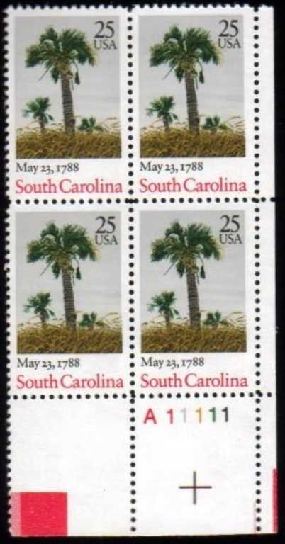 Scott 2343 Plate Block of 4 MNH South Carolina Statehood (25 cents)