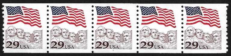 Scott 2523 Strip of 5 NO Plate Number light background Rushmore (29 cents)