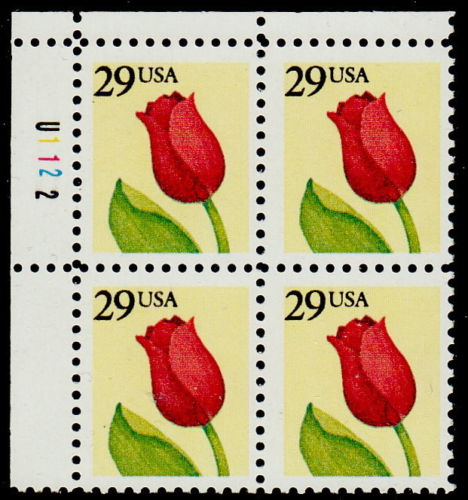 Scott 2524 Plate Block 4 MNH Tulip with denomination (29 cents)