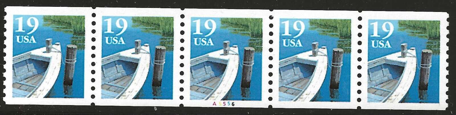 Scott 2529a Coil Strip of 5 Plate A5555 Fishing Boat (19 cents) (generic image)