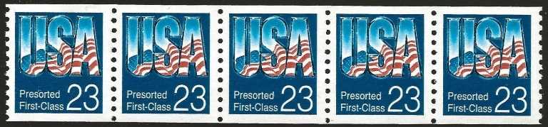 Scott 2607 Coil Strip of 5 Plate 0 Presorted First-Class (23 cents)