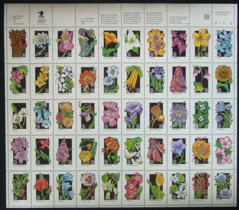 Scott 2647-2696 Sheet of 50 MNH Wildflowers 1992 issue (29 cents)