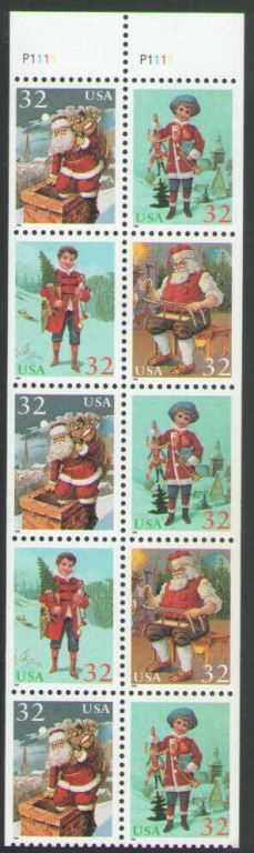 Scott 3004-3007b Booklet Pane of 10 Santa Upper Left, (32 cents)