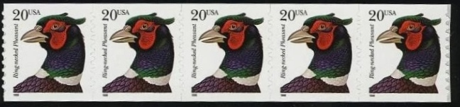 Scott 3055 Coil MNH Ring-necked Pheasant (20 cents) strip of 5 without Plate number