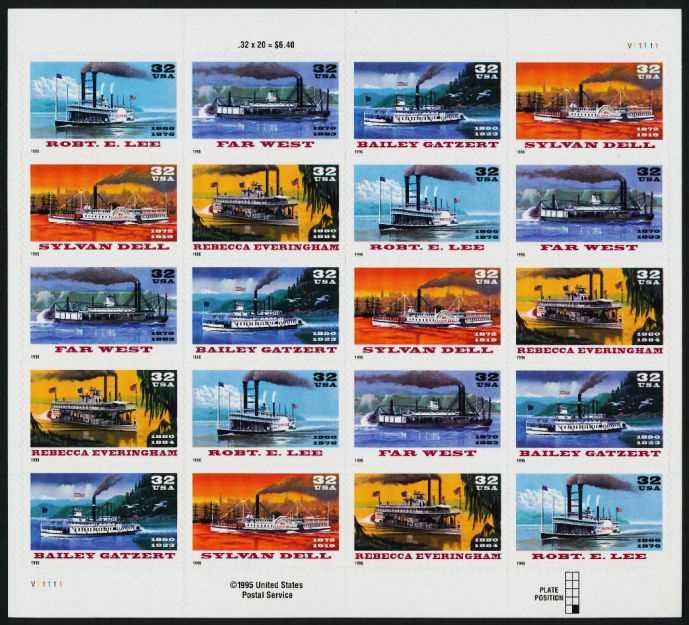 Scott 3091-3095 Sheet of 20 MNH Riverboats (32 cents)