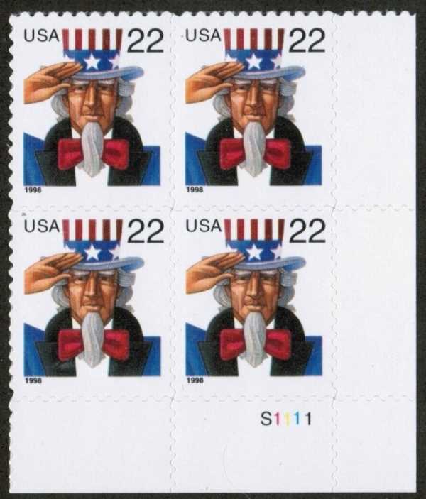 Scott 3259 Plate Block of 4 MNH Uncle Sam (22 cent)