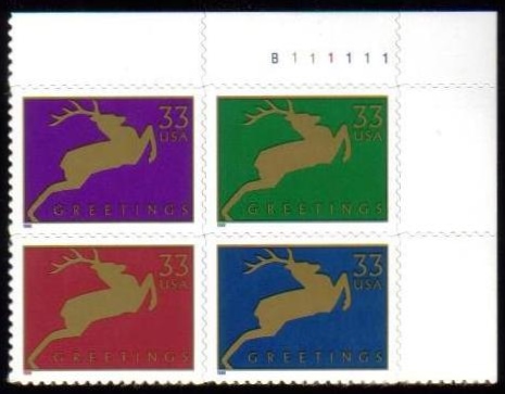 Scott 3356-3359 Plate Block of 4, Reindeer (33 cents) <br> <a href="https://www.usatface.com/images/USA-Scott-3356-59-Difference.jpg">Click here to see the difference </a>