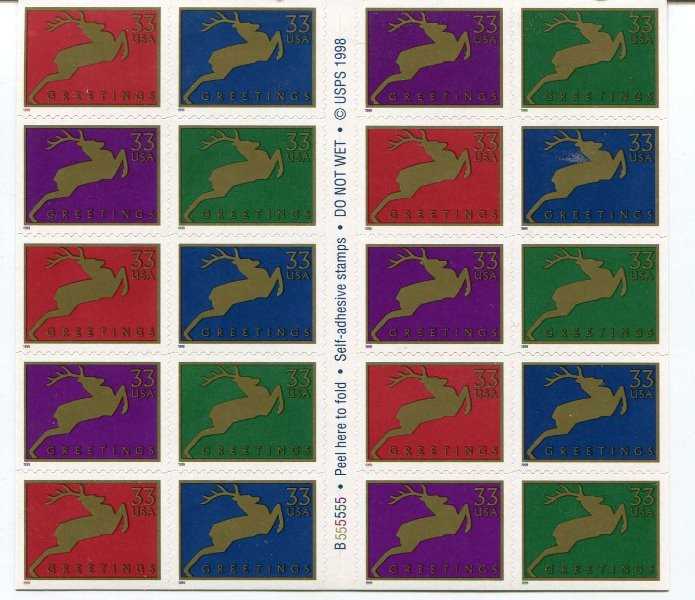 Scott 3360-3363a Pane of 20, with Peel here to fold strip in the middle (33 cents)