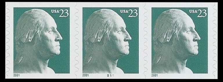 Scott 3475A Coil strip of 3 MNH with Plate number George Washington (23 cents)