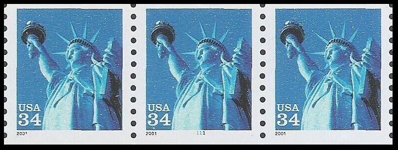 Scott 3476 Strip of 3 MNH Statue of Liberty Plate #1 (34 cents)