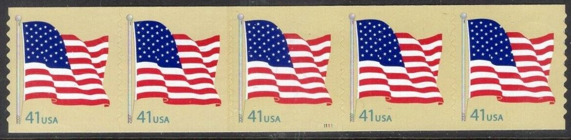 Scott 4186 Coil, Strip of 5, Macro print on right side No Plate # MNH American Flag (41 cents)