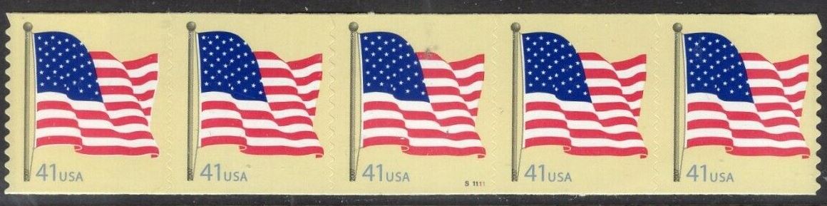Scott 4187 Coil, Strip of 5, Macro print on left side No Plate # MNH American Flag (41 cents)