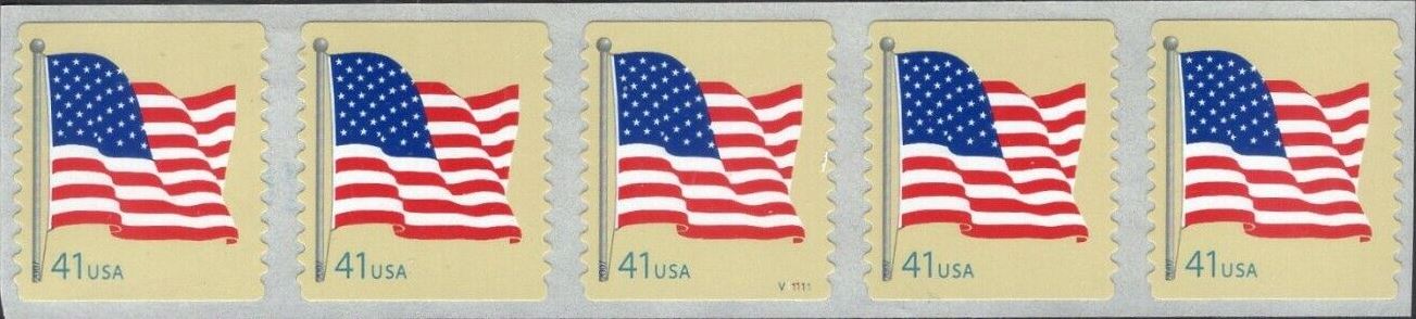 Scott 4189 Coil, Strip of 5, with Space between stamps, No Plate # MNH American Flag (41 cents)
