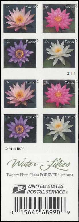 Scott #4964-4967 Forever Double sided Booklet pane of 20 Water Lilies