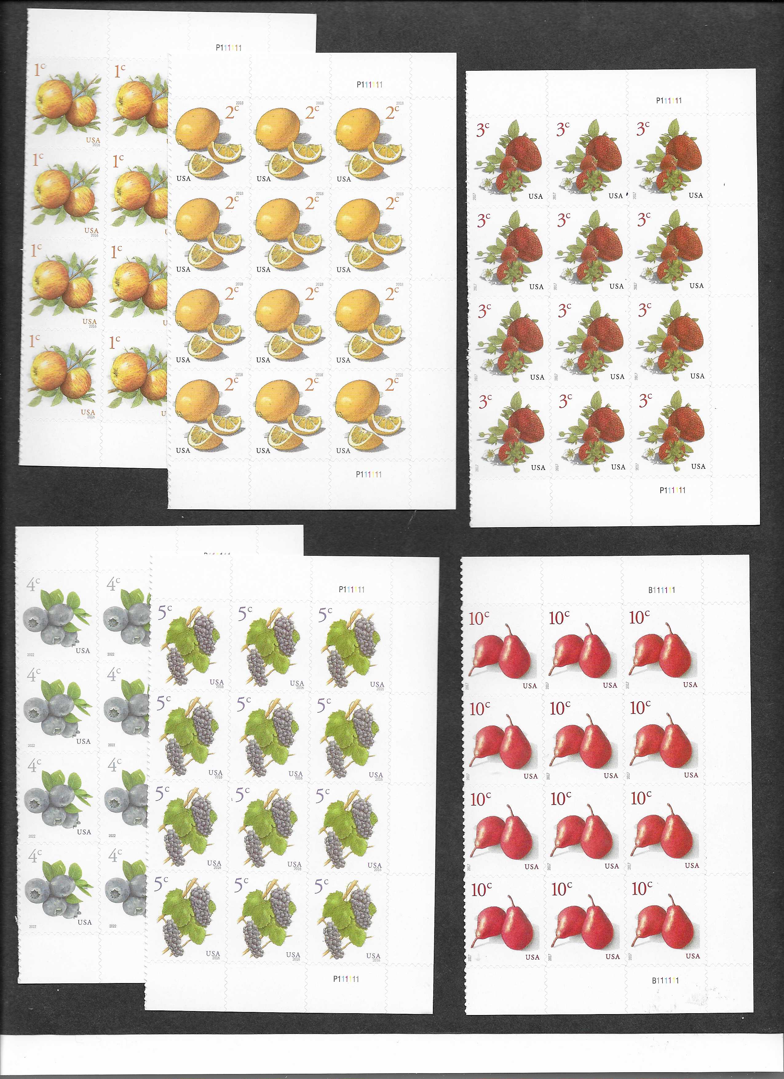 Scott #5256 and others, 1 to 10 cents, set of 6 Fruits, Plate Blocks of 12 sets