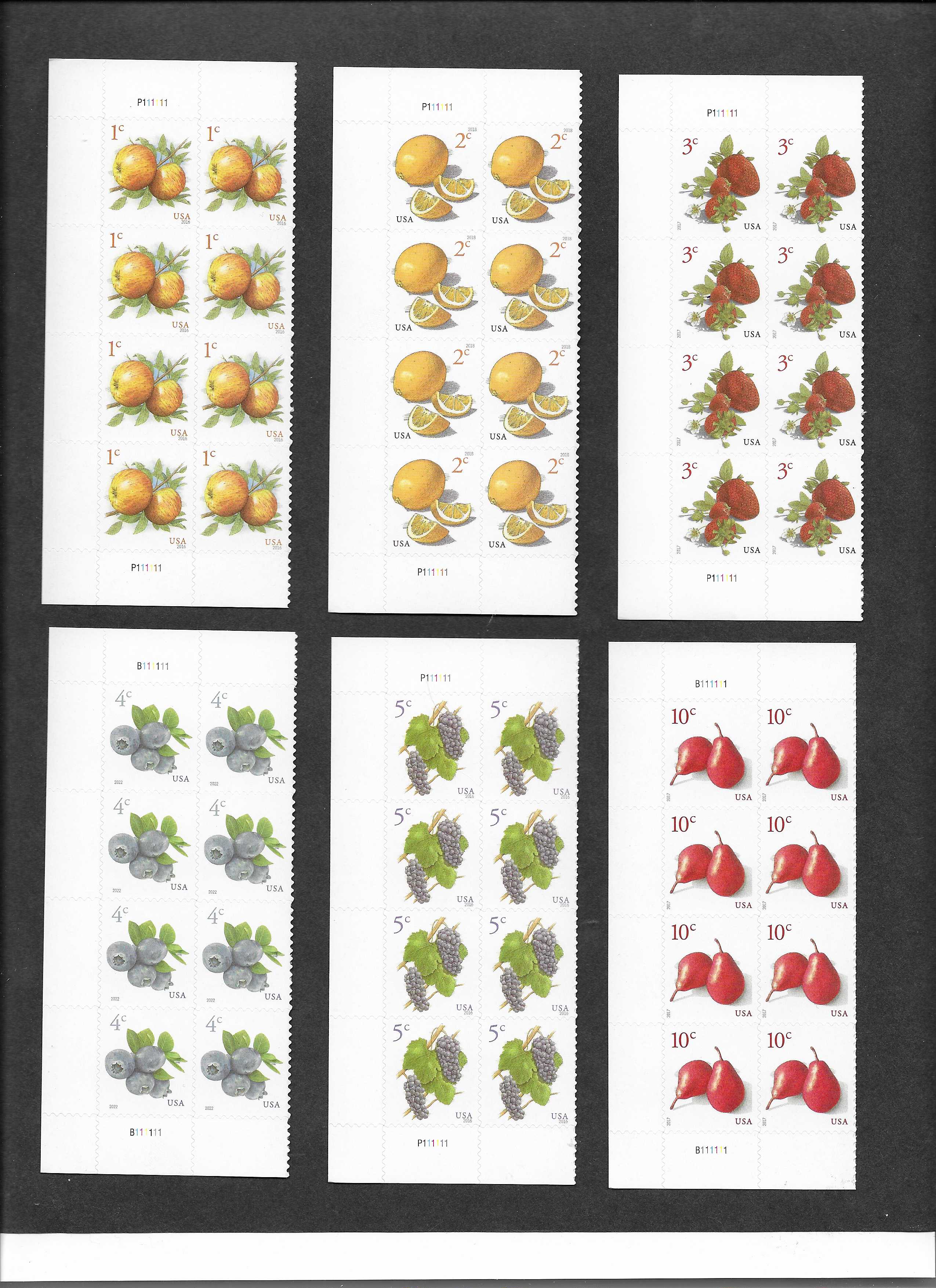 Scott #5256 and others, 1 to 10 cents, set of 6 Fruits, Plate Blocks of 8